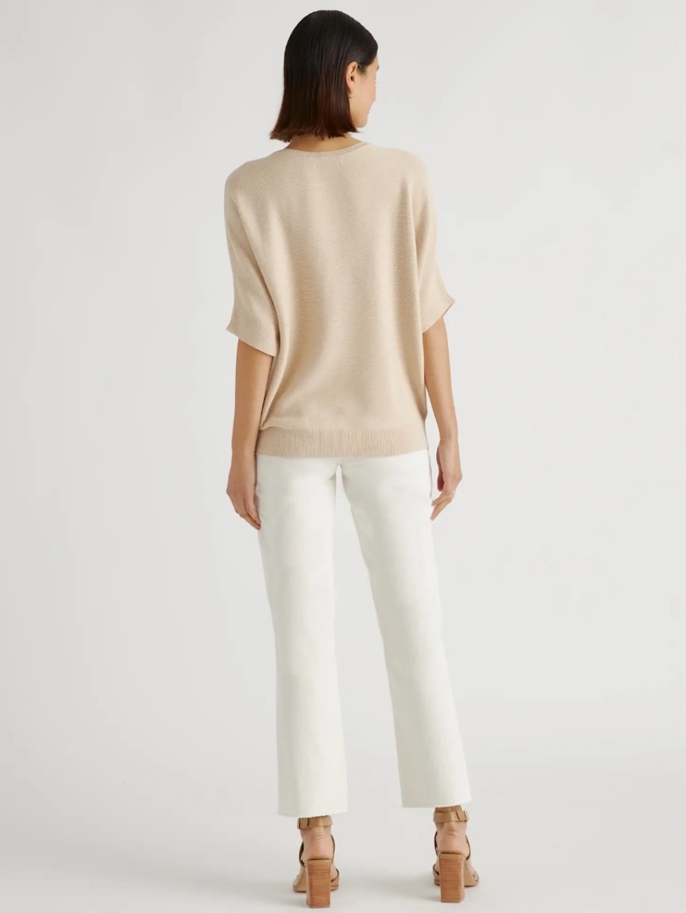 QUINCE Lightweight Cotton Cashmere Link-Stitch Dolman Sweater Heather Oatmeal L - Picture 5 of 10